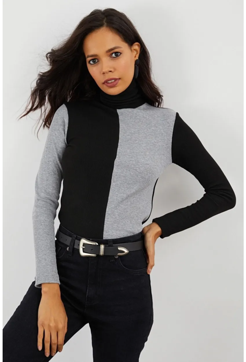 Kadın Siyah-Gri Balıkçı Yaka Kontrast Bloklu Kaşkorse Bluz MEY1405