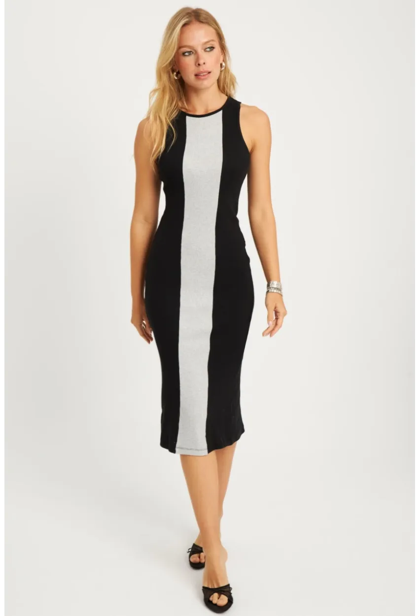 Kadın Siyah-Gri Kaşkorse Yırtmaçlı Midi Elbise XL2010