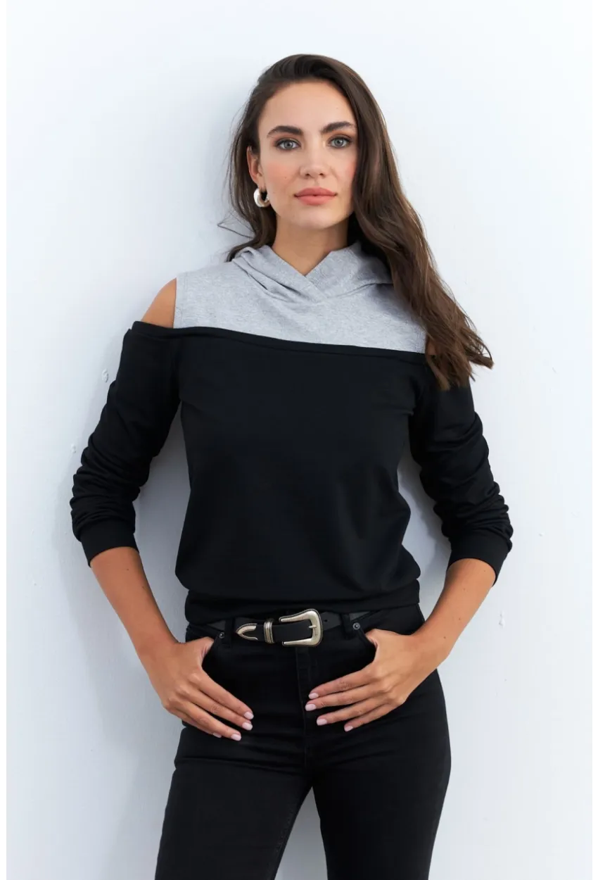 Kadın Siyah-Gri Omuzları Açık Sweatshirt TF15