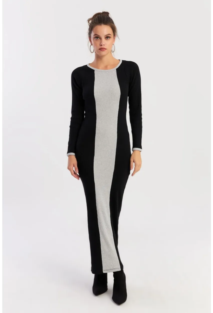 Kadın Siyah-Grı Renk Bloklu Kaşkorse Maxi Elbise XL403