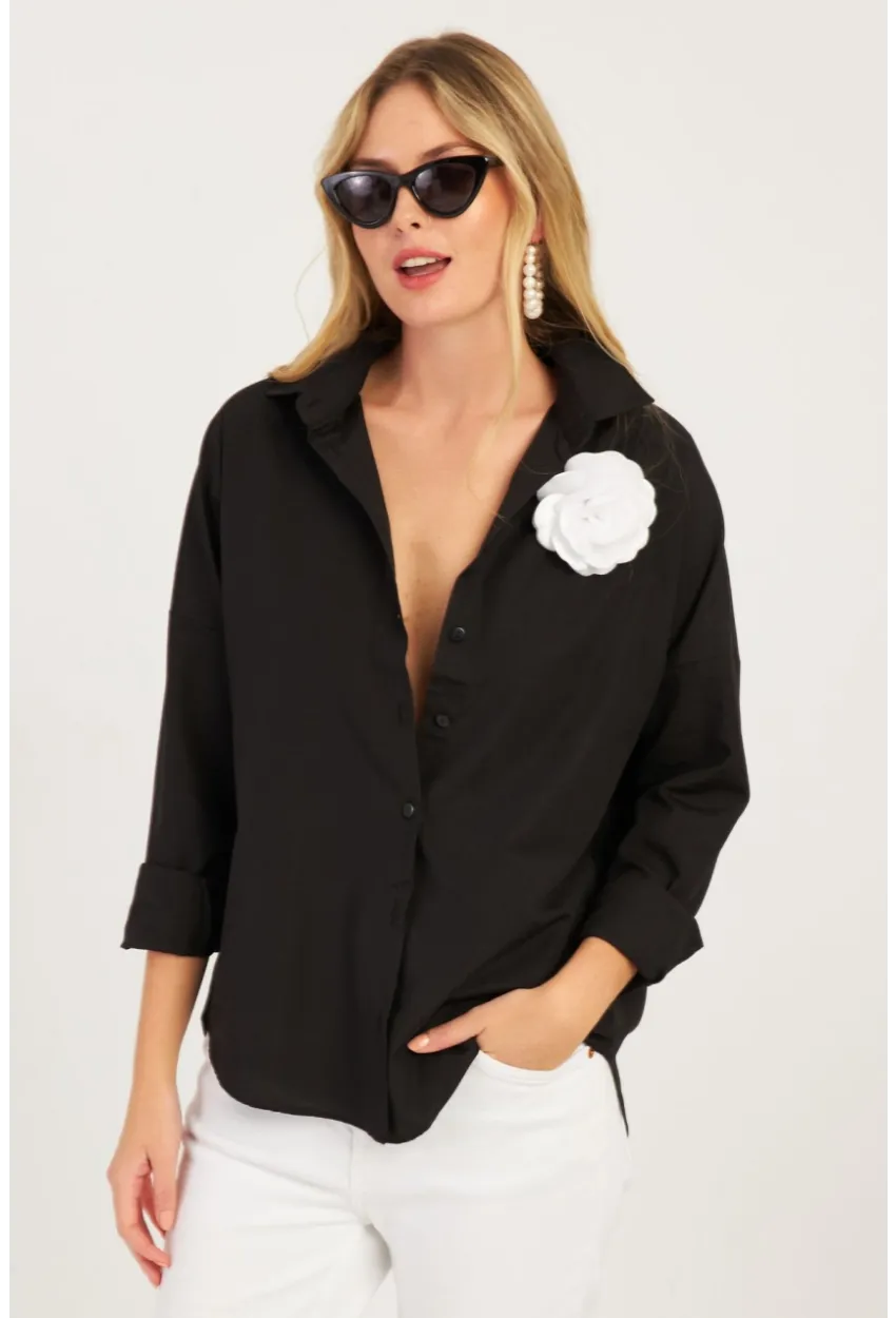 Kadın Siyah Gül Aksesuarlı Gömlek SF2540