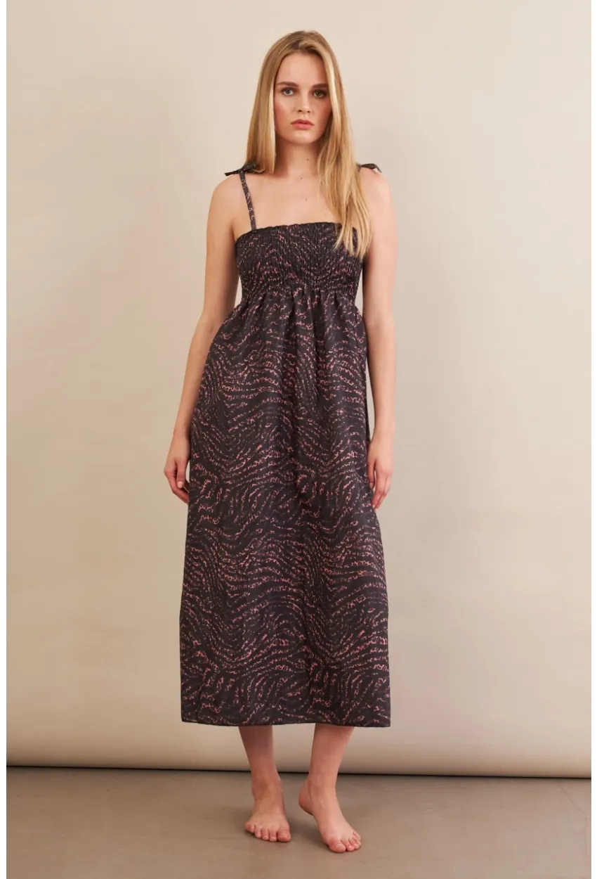 Kadın Siyah-Gülkurusu Straplez Çizgili Plaj Elbisesi OR502