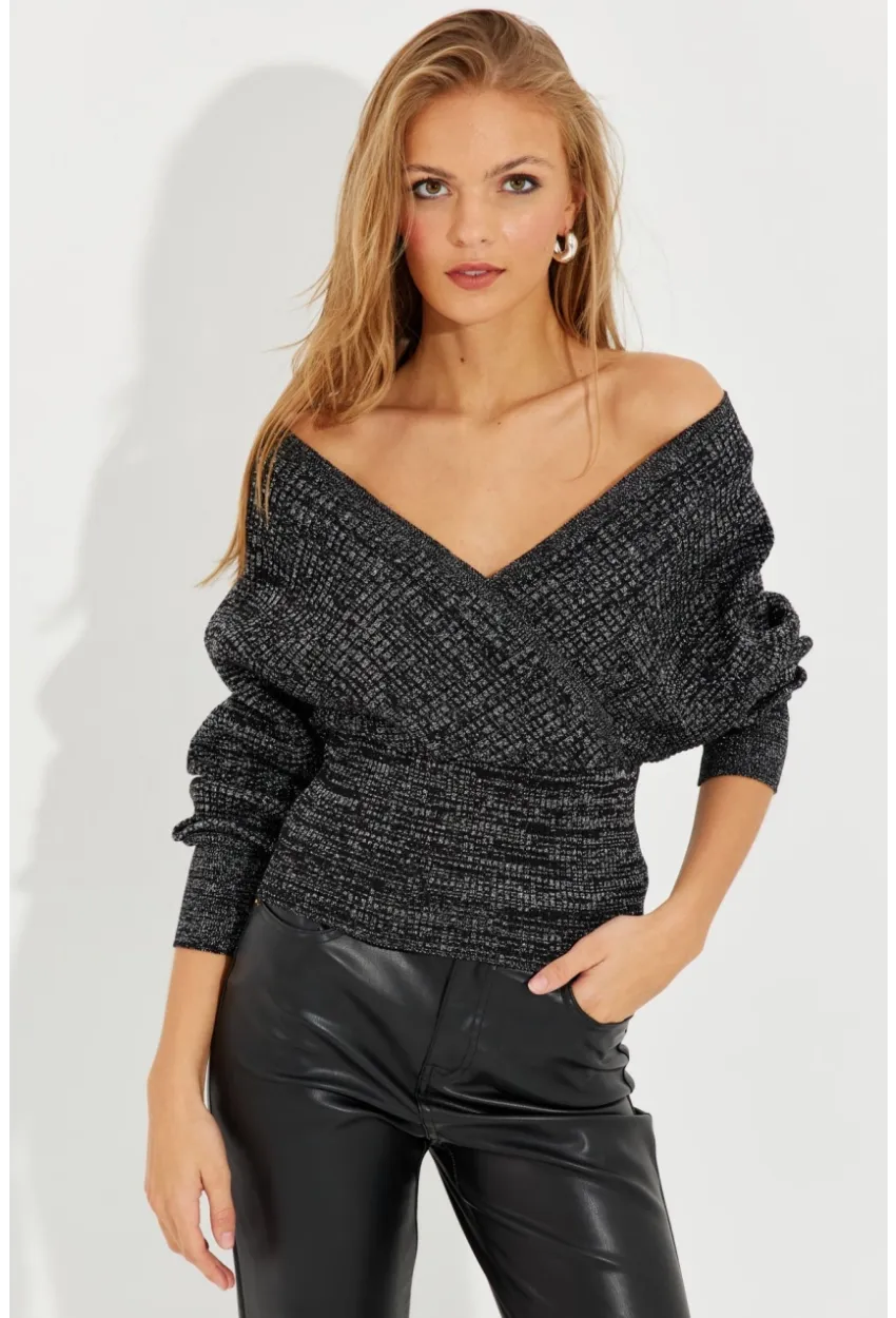 Kadın Siyah-Gümüş Kruvaze Simli Kazak KED125