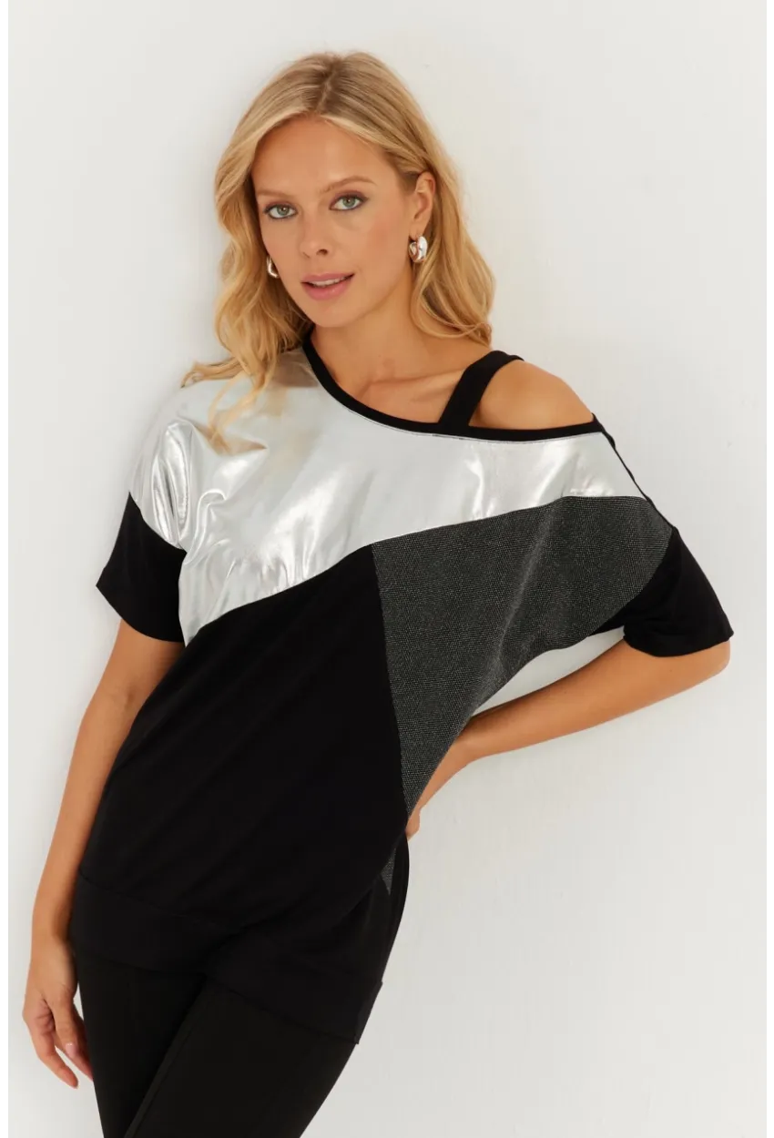 Kadın Siyah-Gümüş Suni Deri Bloklu Bluz ST834