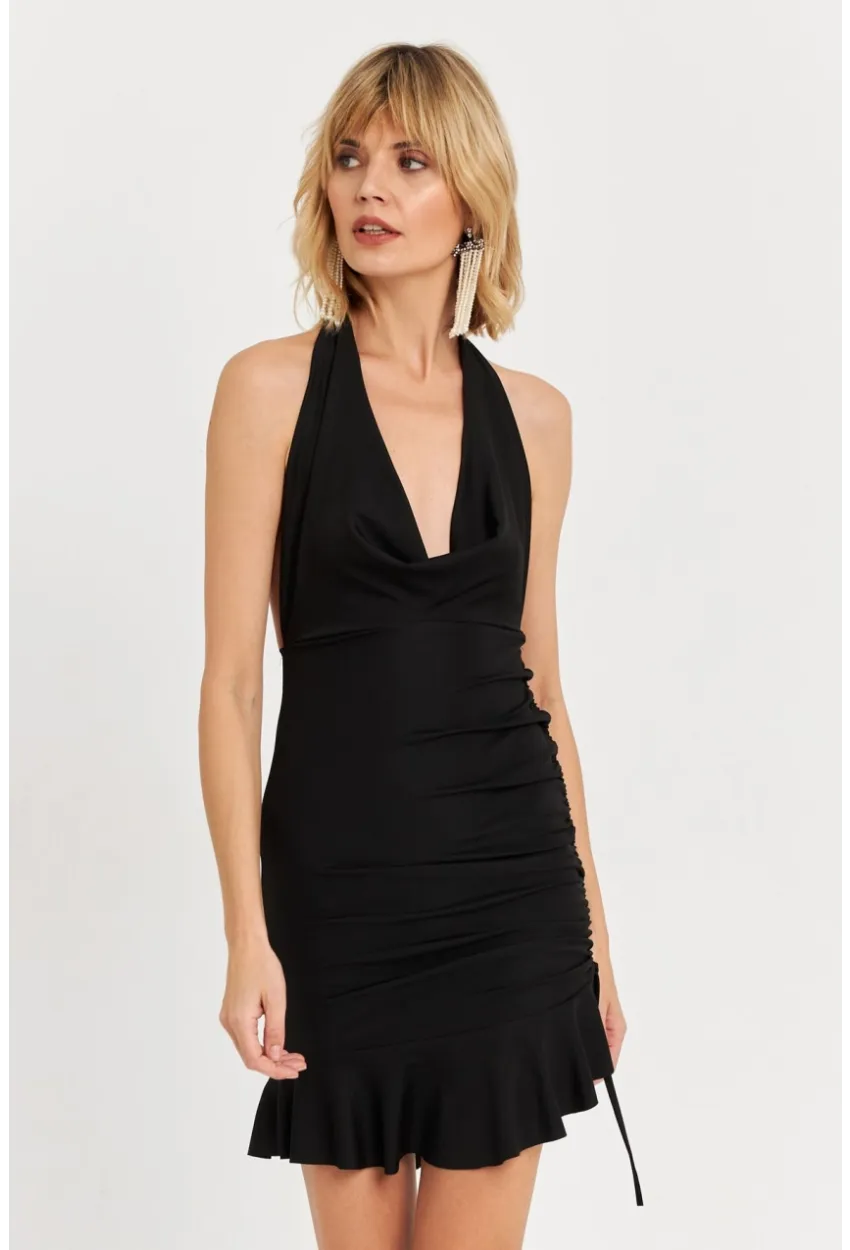 Kadın Siyah Halter Yaka Fırfırlı Mini Elbise DCF008