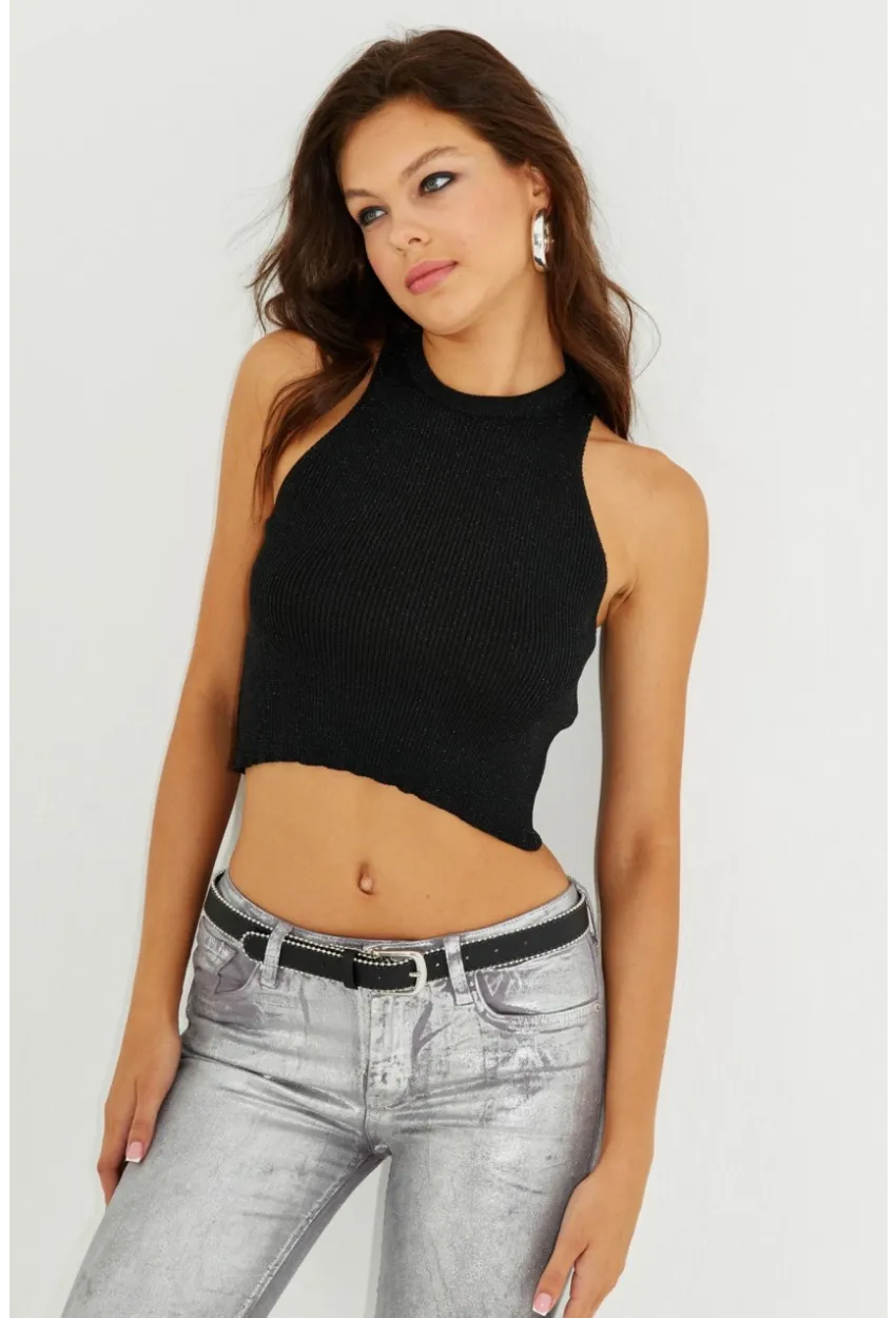 Kadın Siyah Halter Yaka Simli Crop Bluz KZ2202