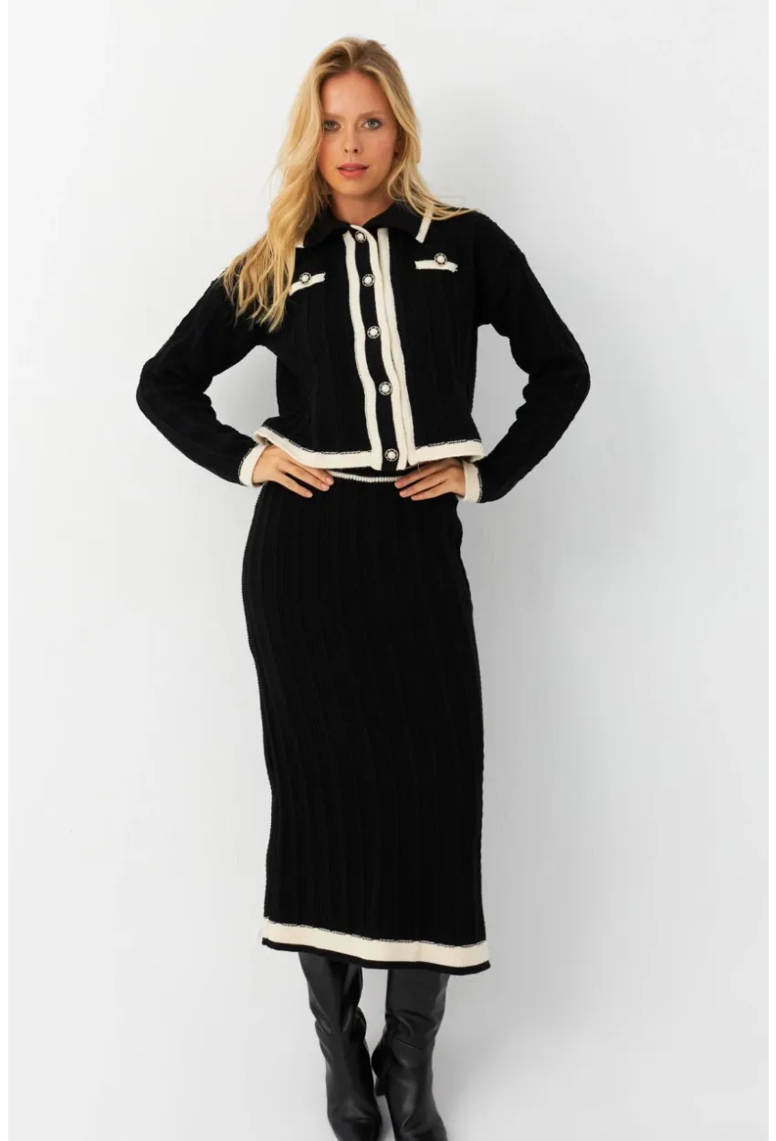 Kadın Siyah İkili Alt Üst Triko Takım NUV34