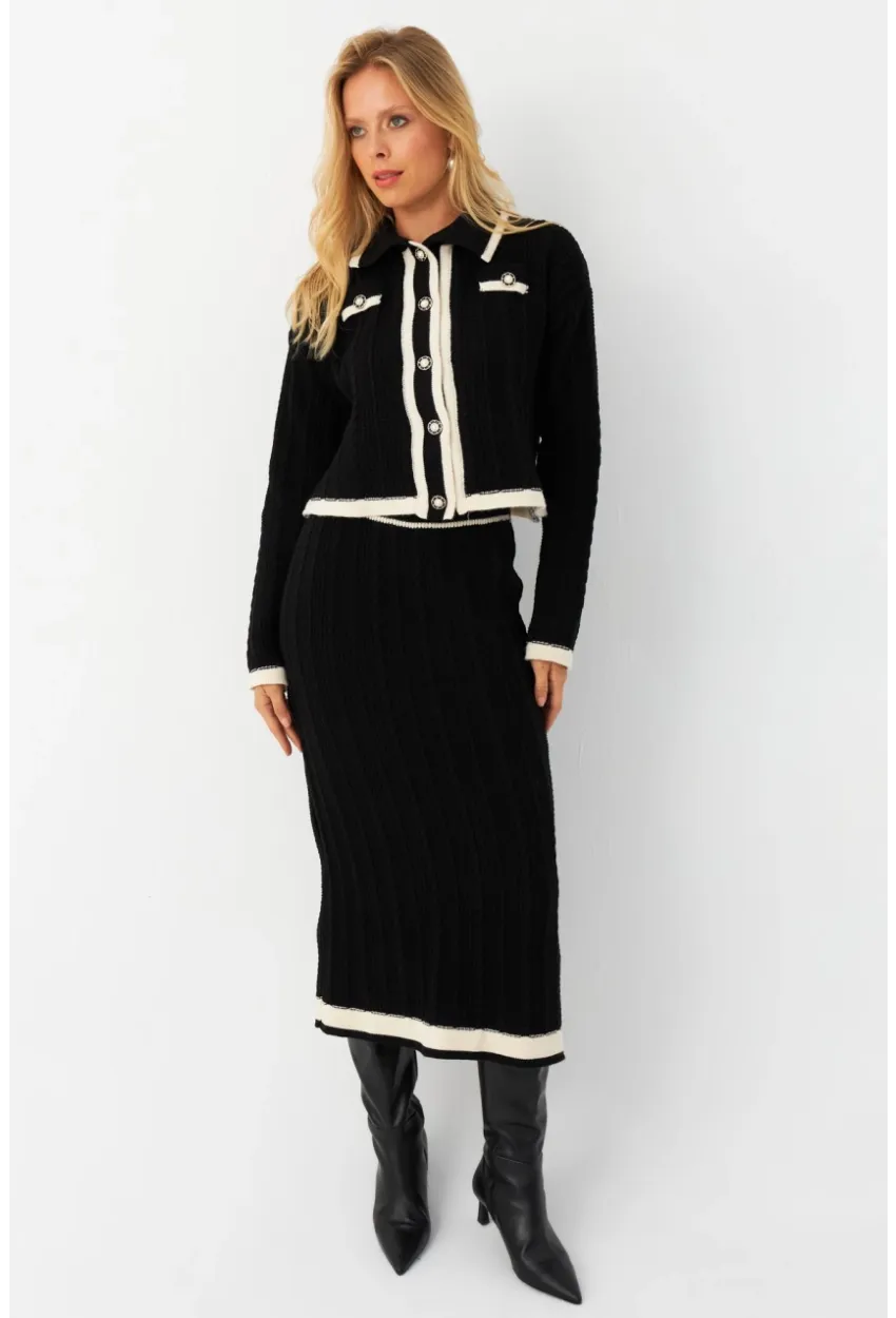 Kadın Siyah İkili Alt Üst Triko Takım NUV34