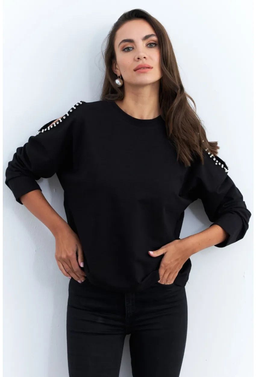 Kadın Siyah İnci Aksesuarlı Sweatshirt RLO85