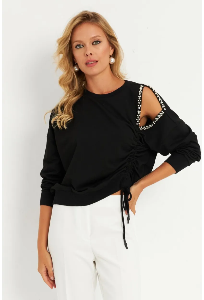 Kadın Siyah İnci Detaylı Büzgülü Sweatshirt RLO04