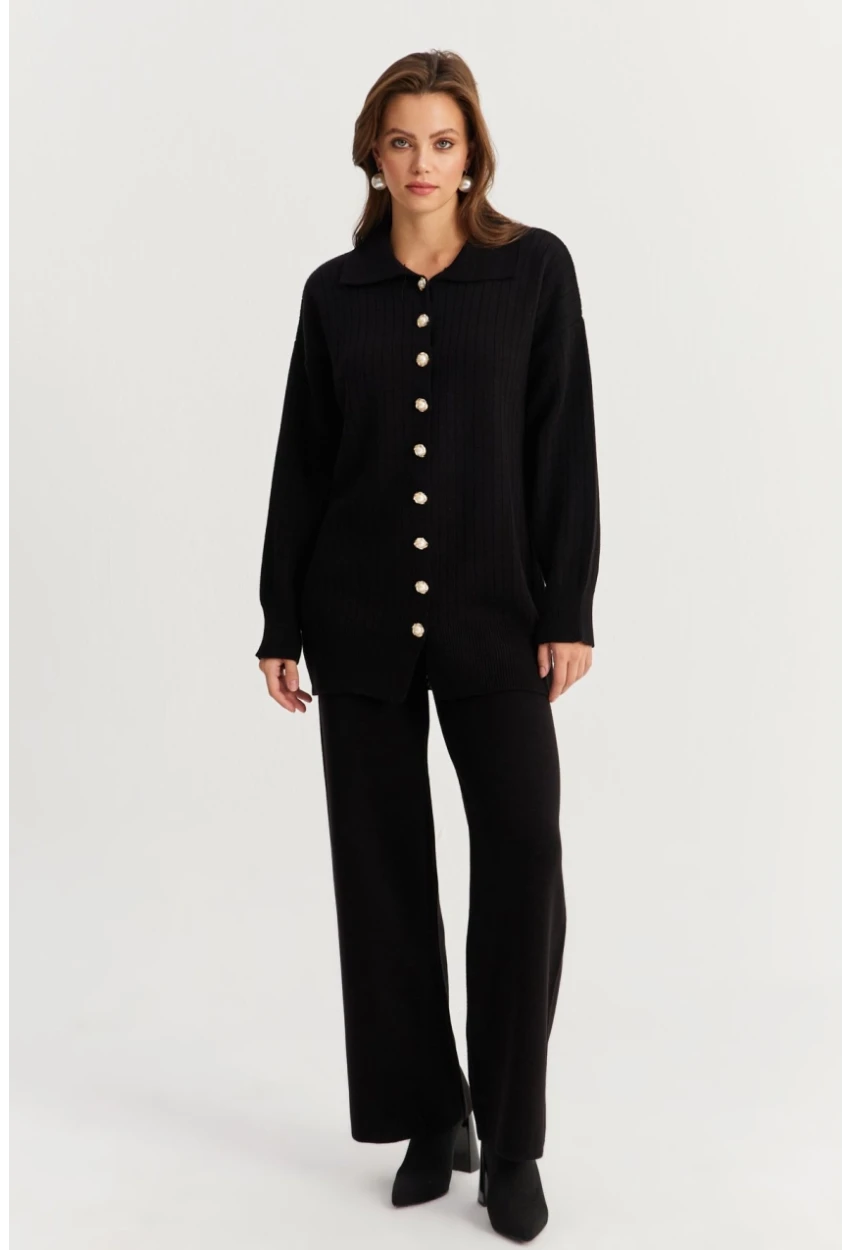 Kadın Siyah İnci Düğmeli Hırka Triko Alt Üst Takım NUV26