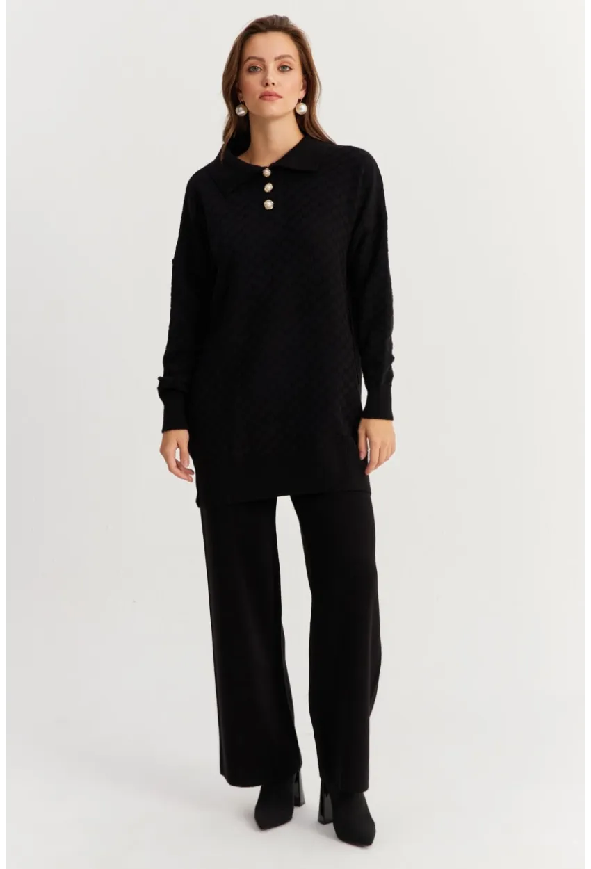 Kadın Siyah İnci Düğmeli Triko Alt Üst Takım NUV33