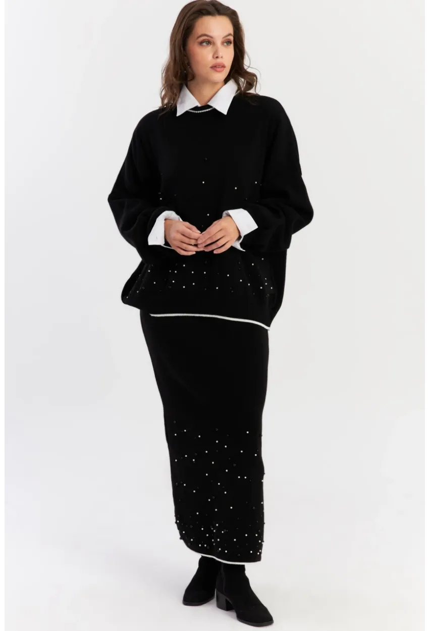 Kadın Siyah İncili Alt Üst Etek Takım YİL554