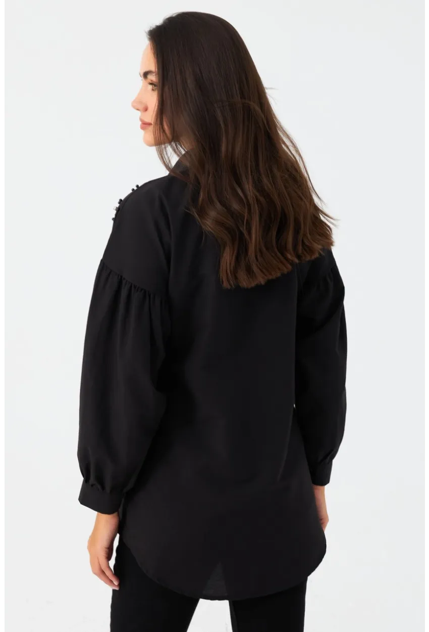 Kadın Siyah İncili Balon Kol Gömlek MASF16