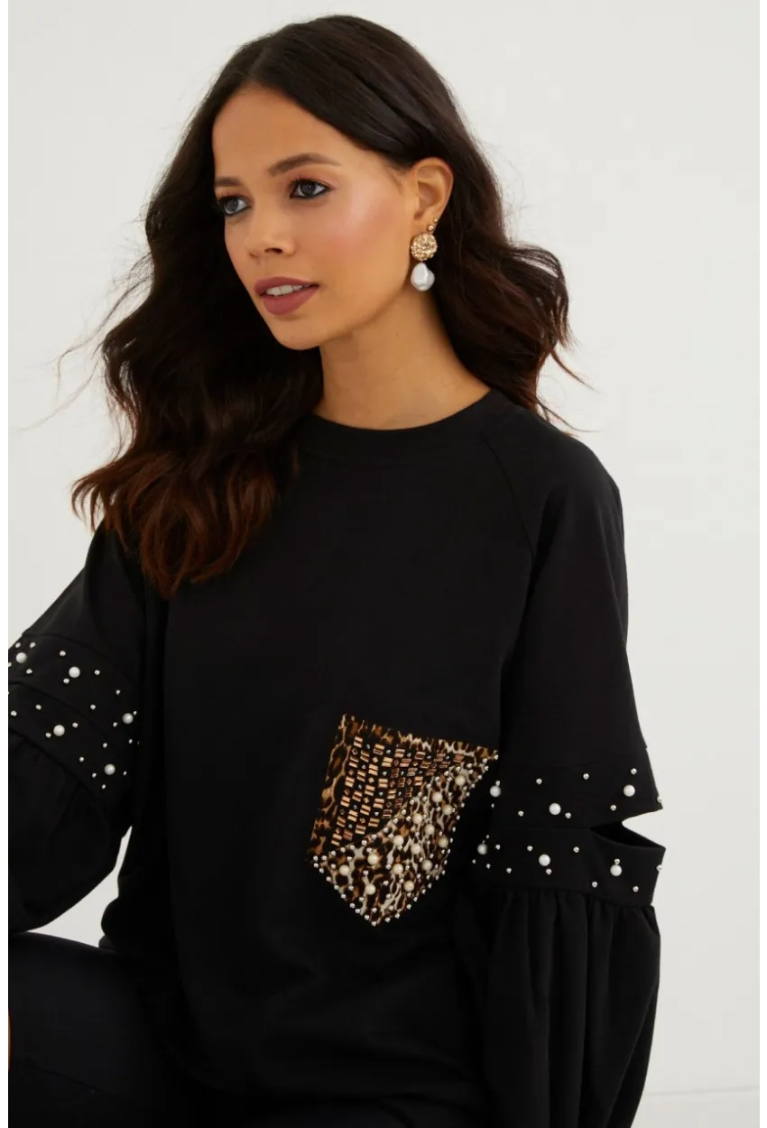 Kadın Siyah İncili Kol Detaylı Sweatshirt PKA400