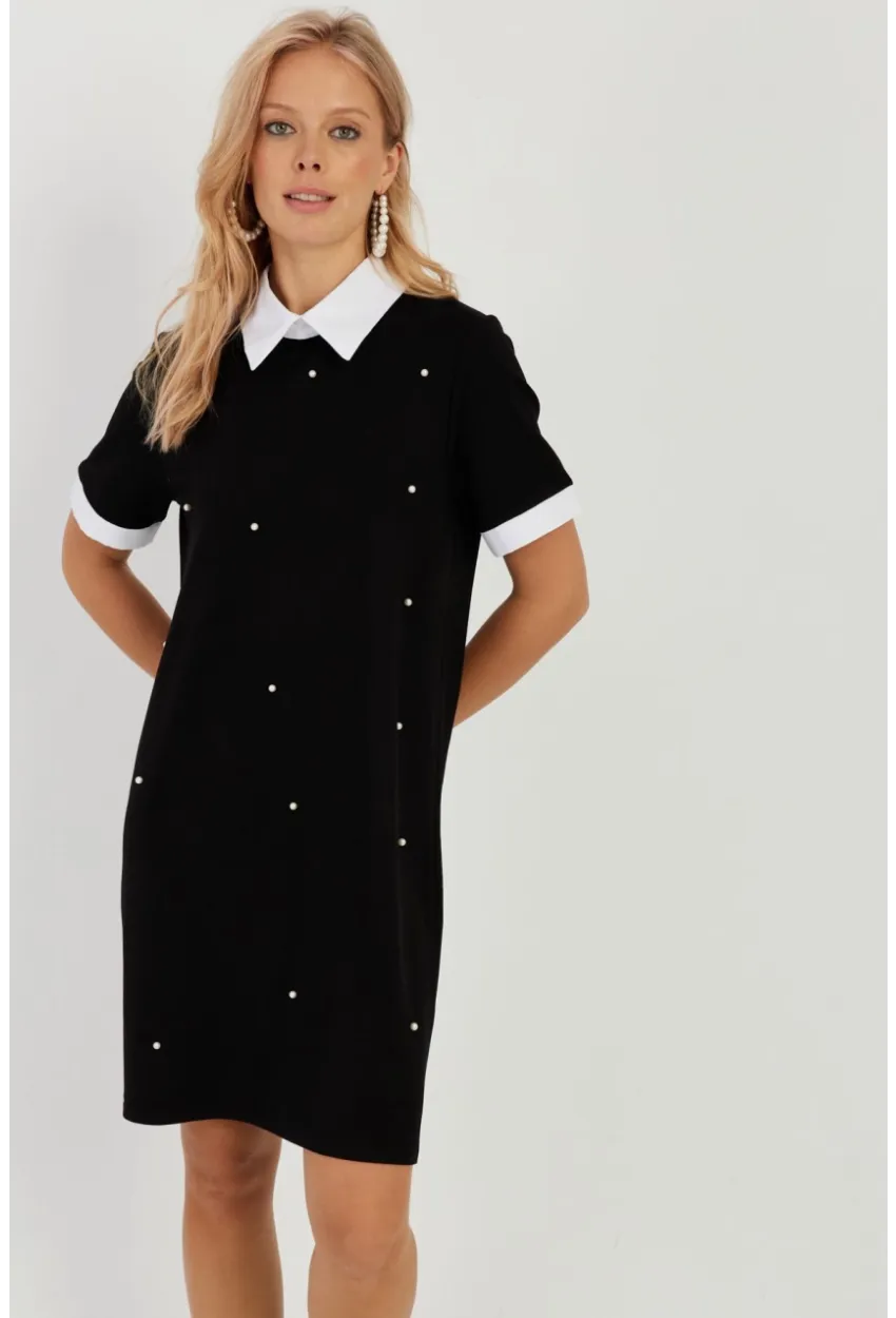 Kadın Siyah İncili Midi Elbise ST833