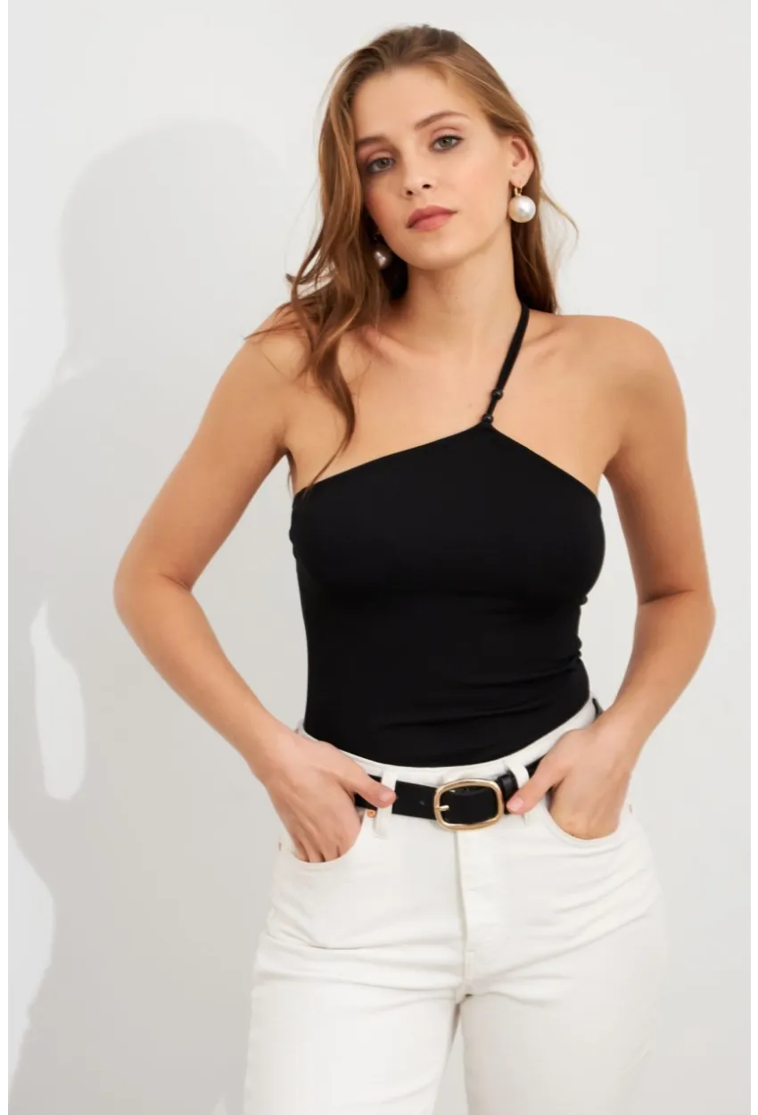 Kadın Siyah İp Askılı Çıtçıtlı Body ZH014