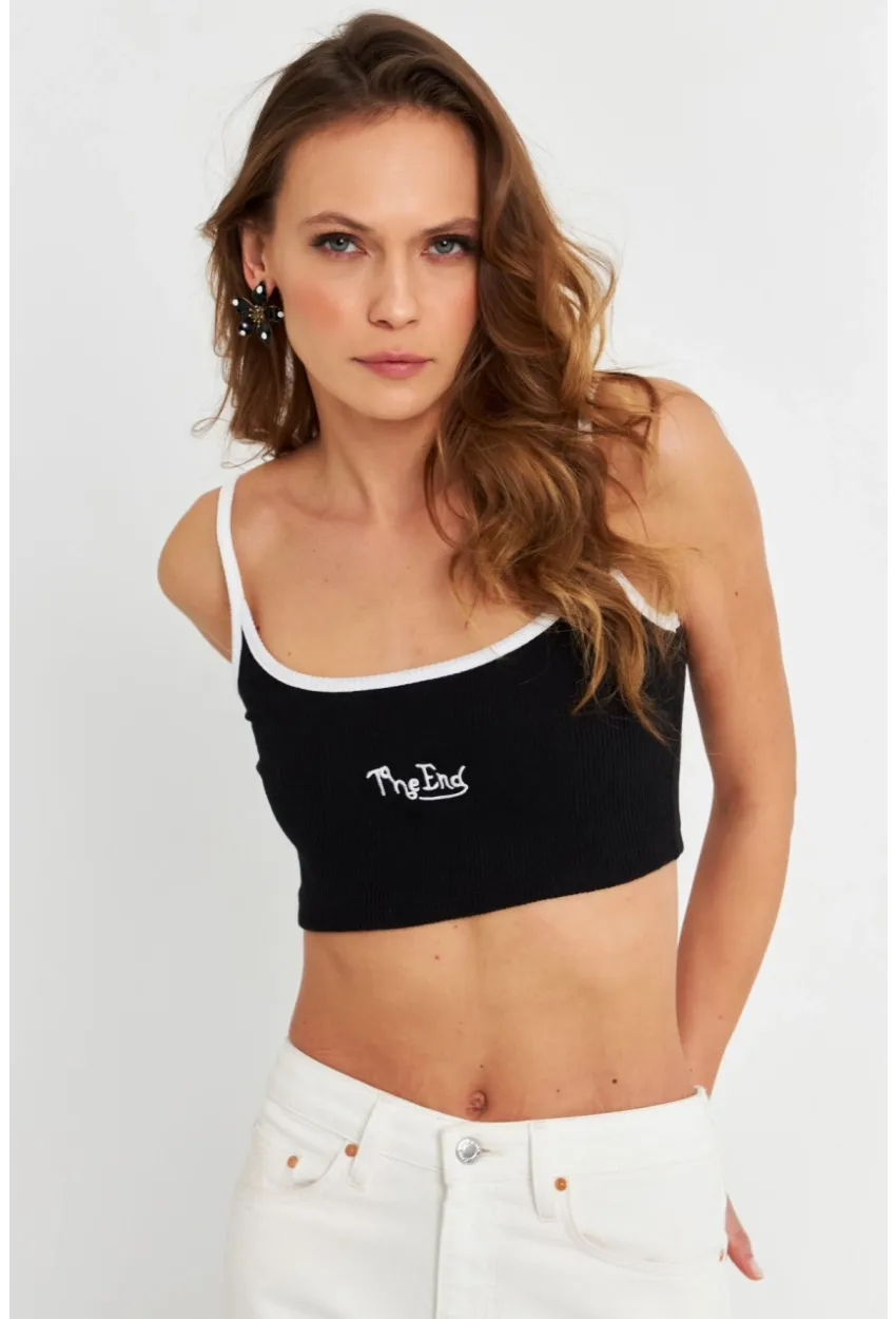 Kadın Siyah İp Askılı Crop Bluz ALB201