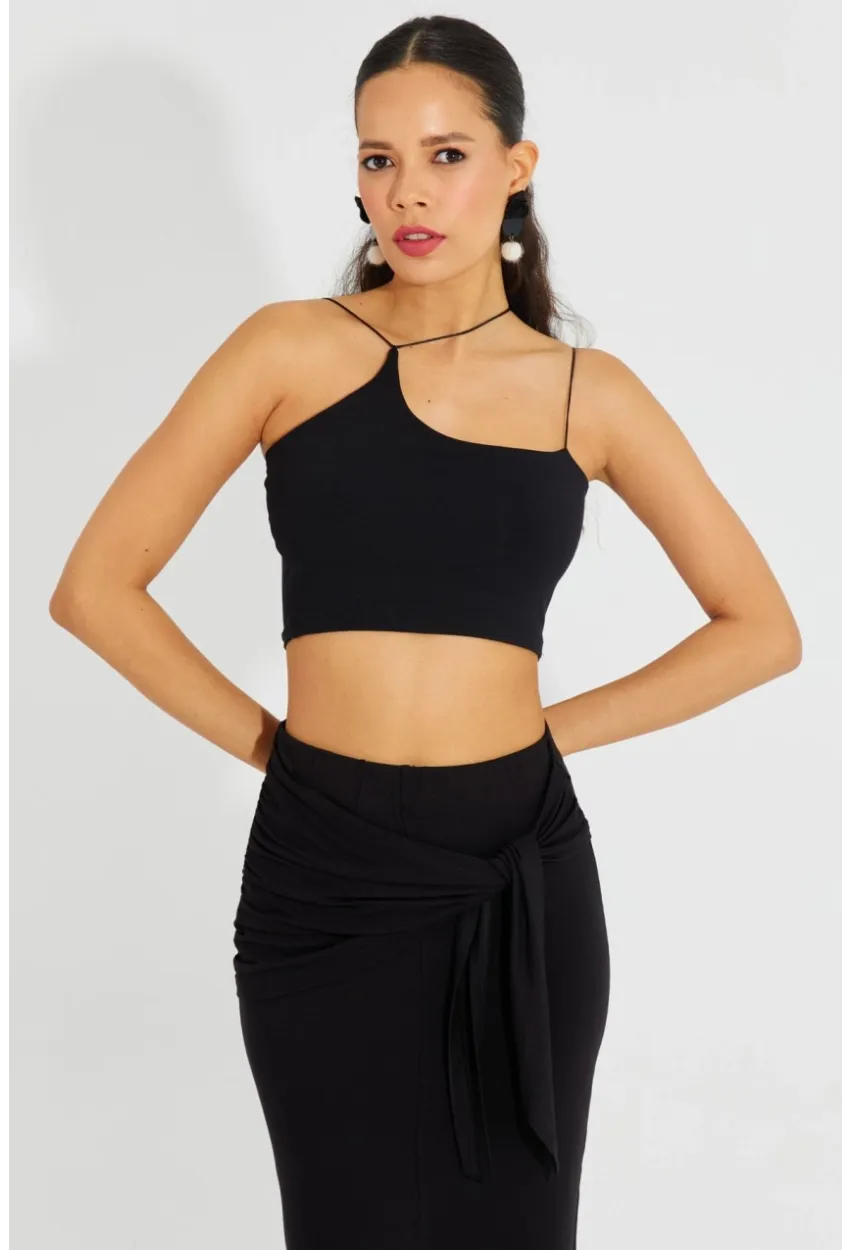Kadın Siyah İp Askılı Crop Bluz B2594