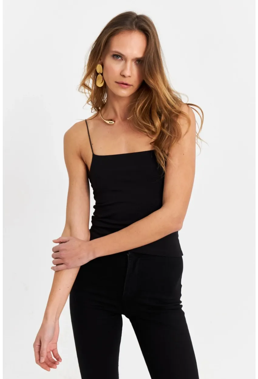 Kadın Siyah İp Askılı Crop Bluz EV63