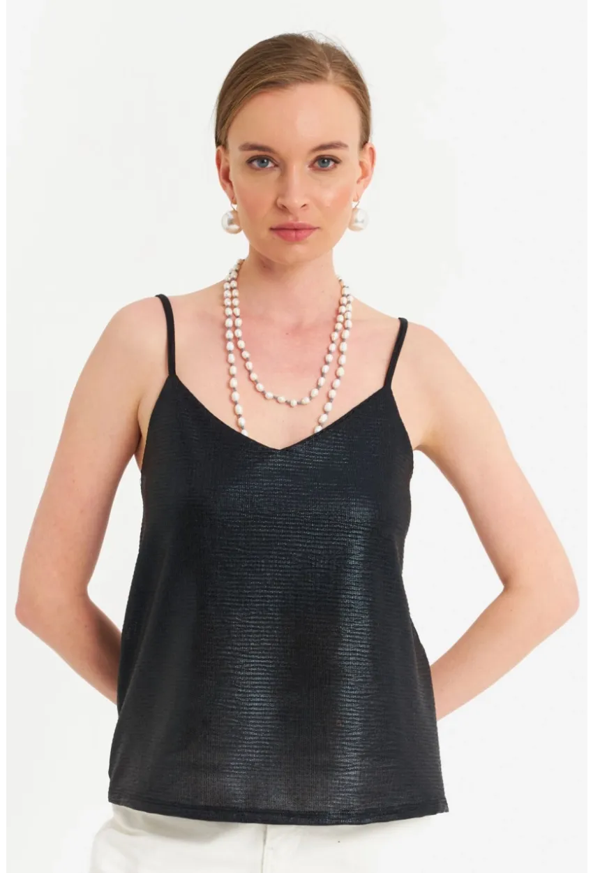 Kadın Siyah İp Askılı Parlak Bluz RSP1094