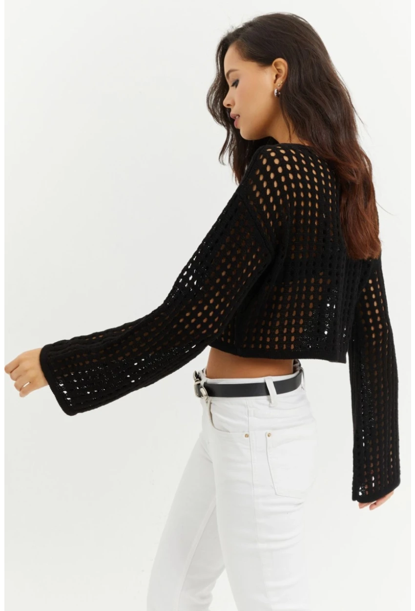 Kadın Siyah İspanyol Kol Ajurlu Triko Kısa Bluz SMT181