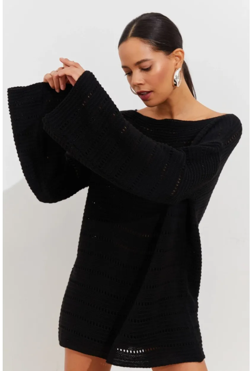 Kadın Siyah İspanyol Kol Ajurlu Triko Uzun Bluz SMT199