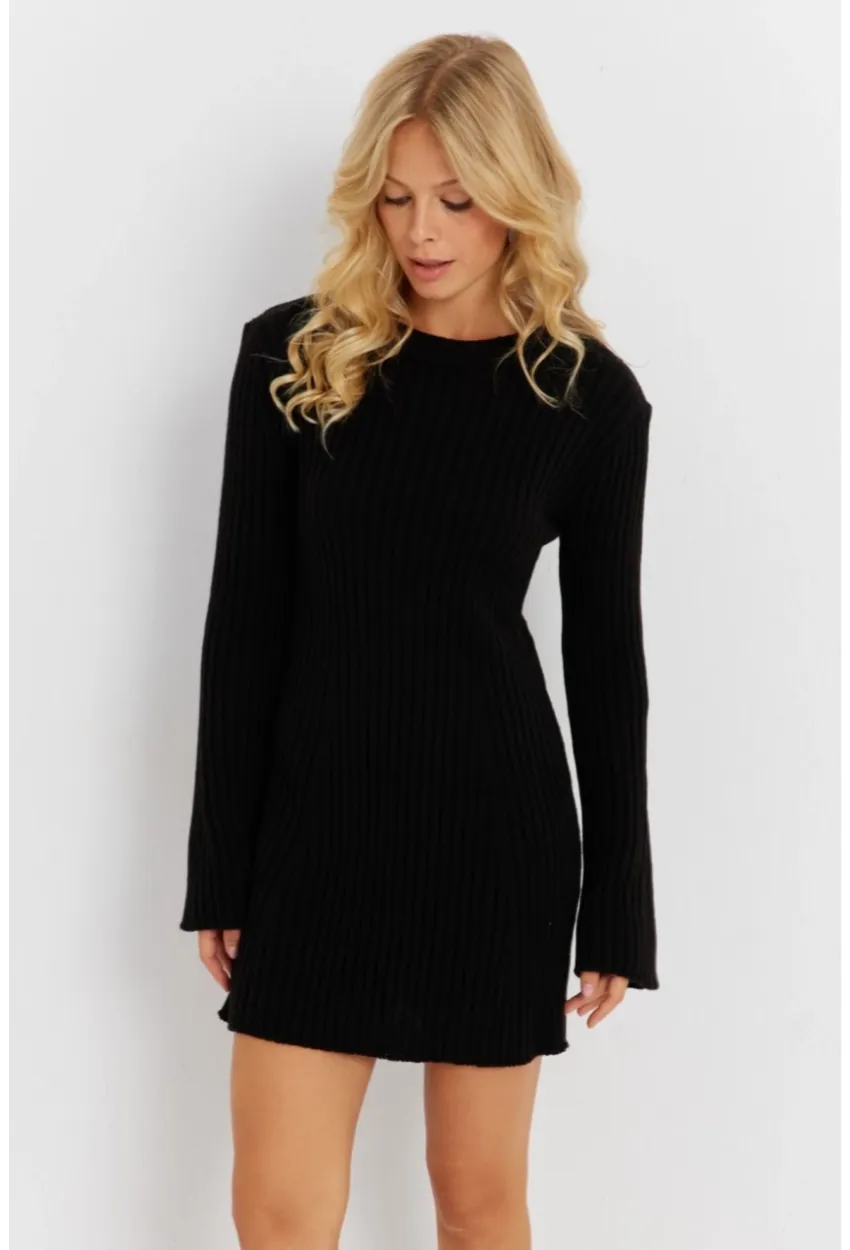 Kadın Siyah İspanyol Kol Triko Mini Elbise YV273