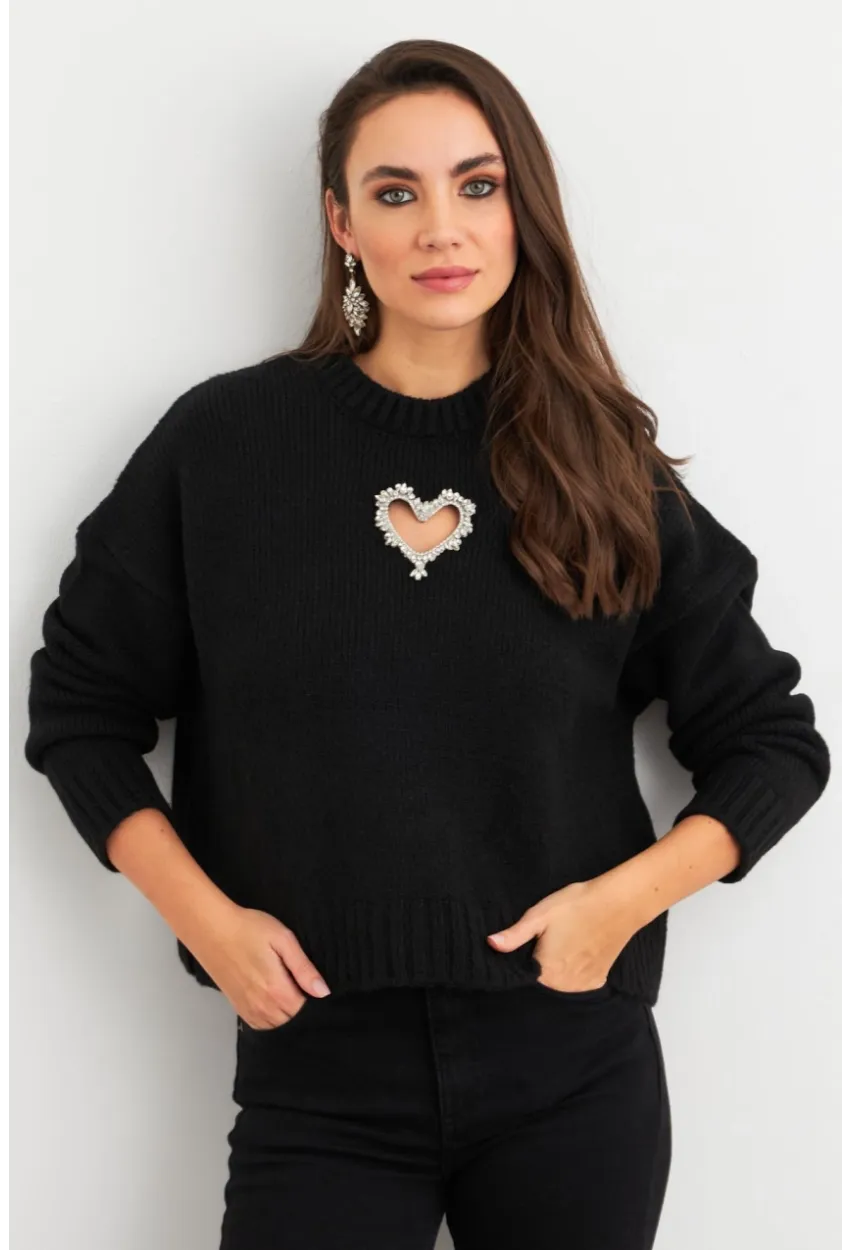 Kadın Siyah Kalp Pencereli Kazak TEM101