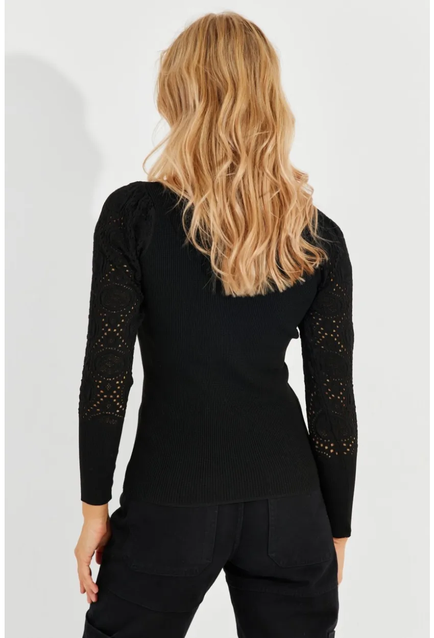 Kadın Siyah Kalp Yaka Ajurlu Triko Bluz SMT217