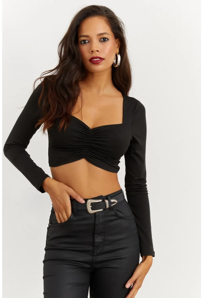 Kadın Siyah Kalp Yaka Crop Bluz CG260