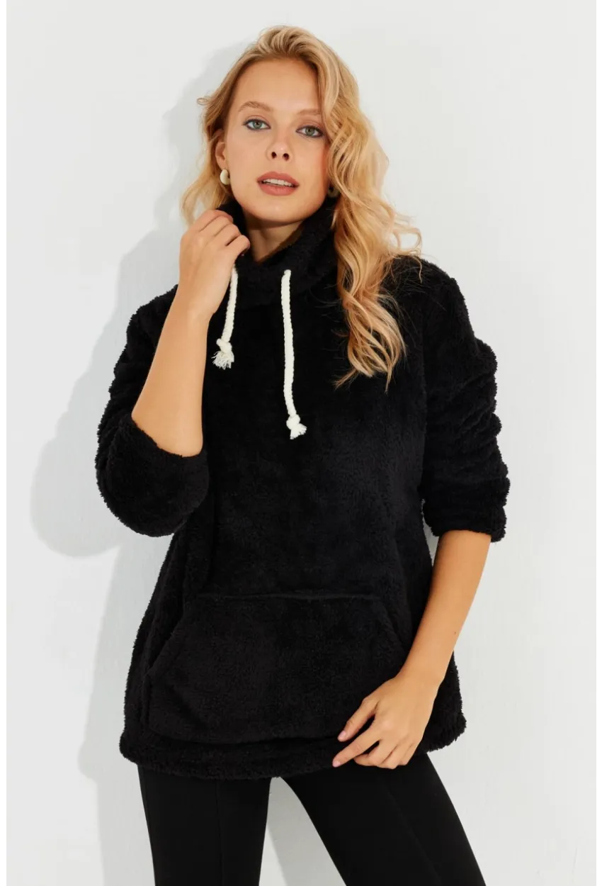 Kadın Siyah Kanguru Cep Peluş Sweatshirt Q978