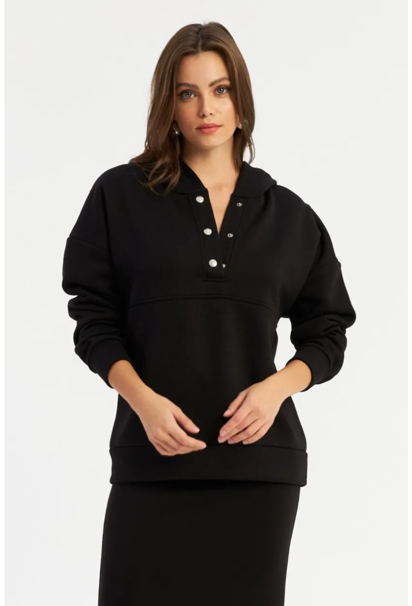 Kadın Siyah Kapüşonlu Çıtçıtlı Sweatshirt TF22