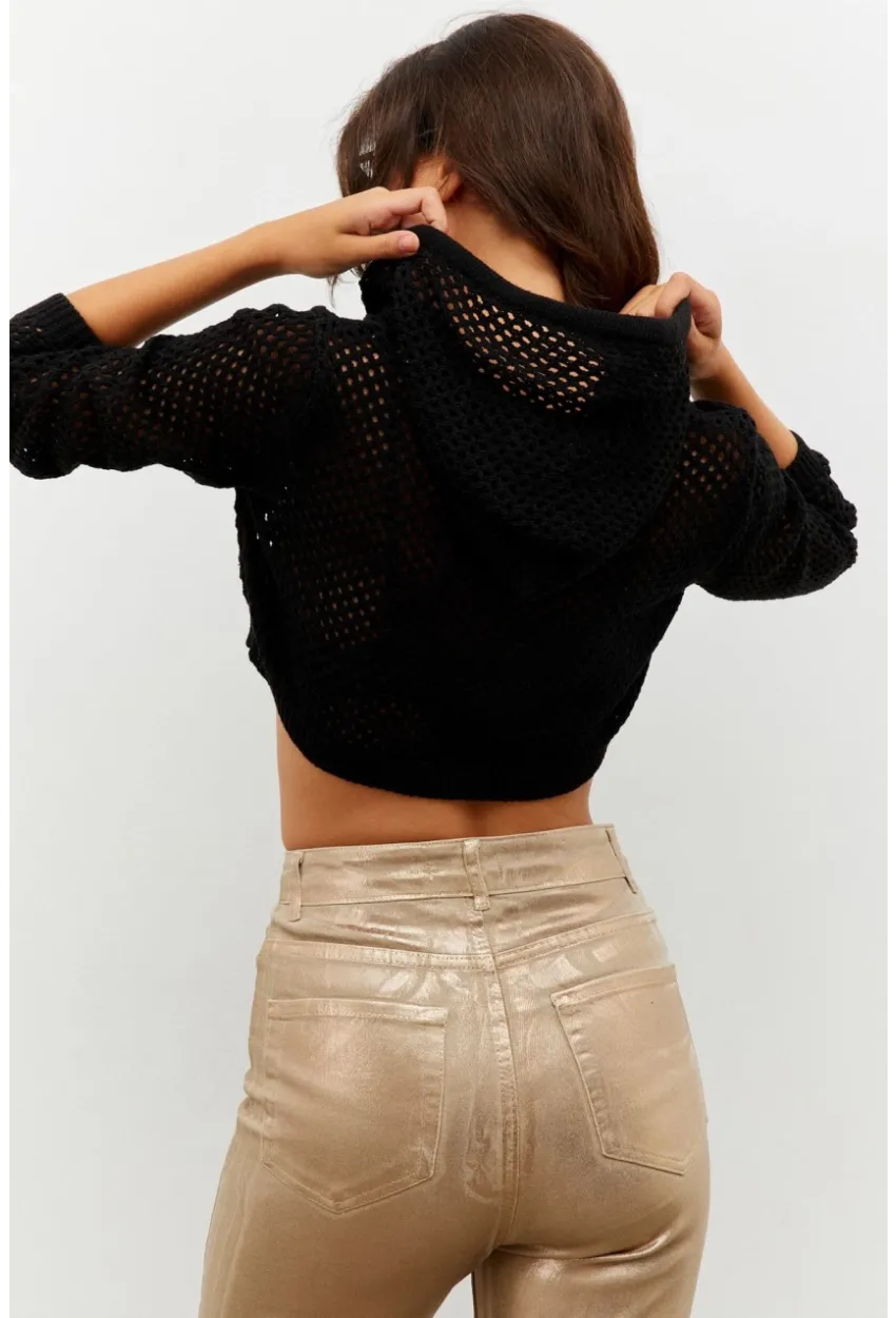 Kadın Siyah Kapüşonlu File Kısa Bluz YV153