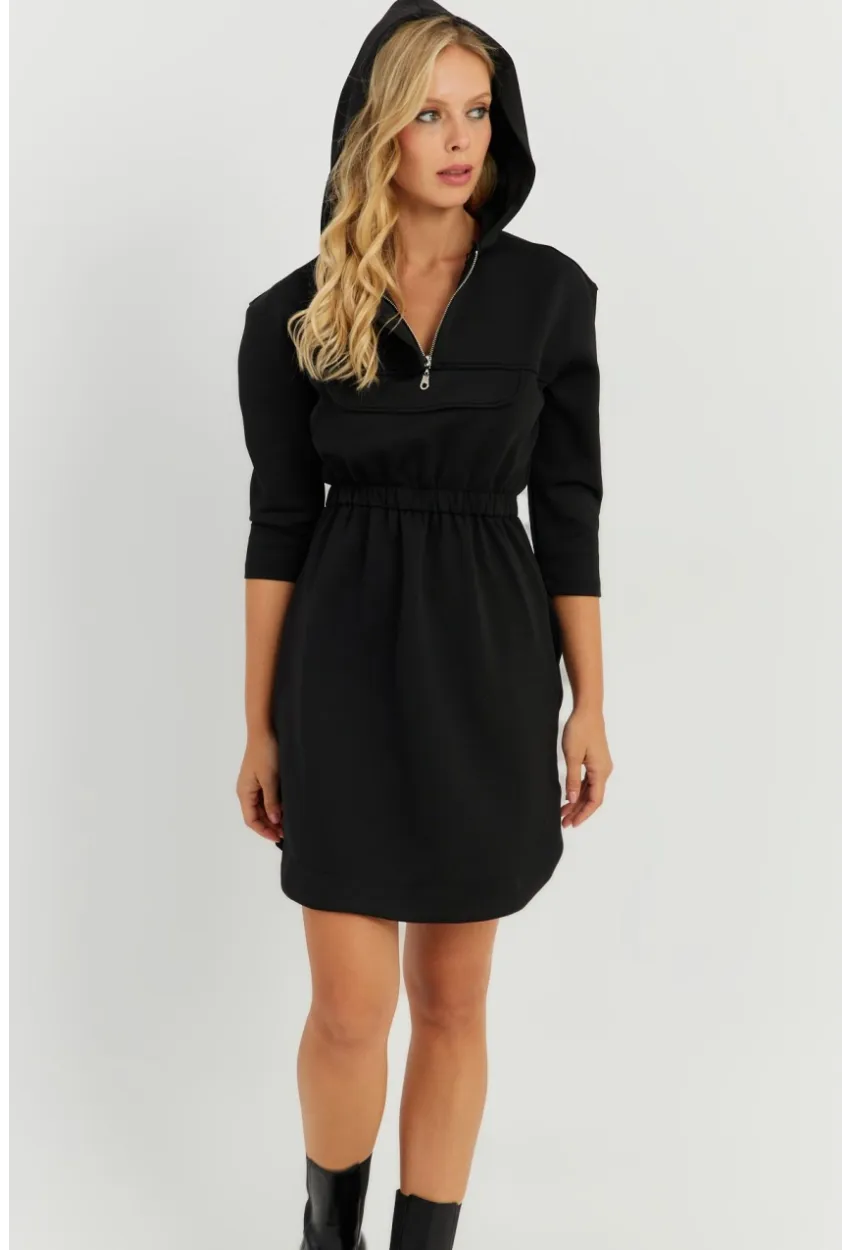 Kadın Siyah Kapüşonlu Skuba Mini  Elbise KED4104