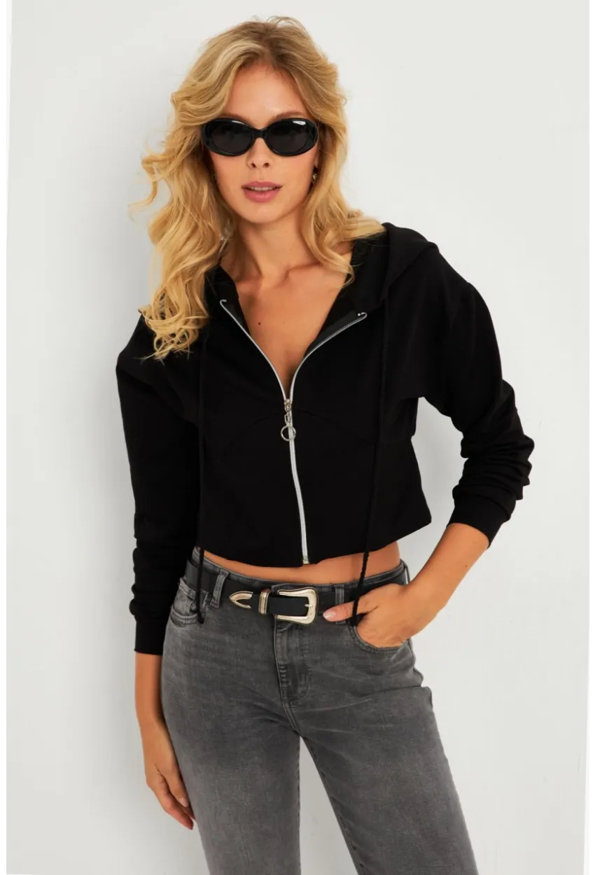 Kadın Siyah Kapüşonlu Sweatshirt TF07