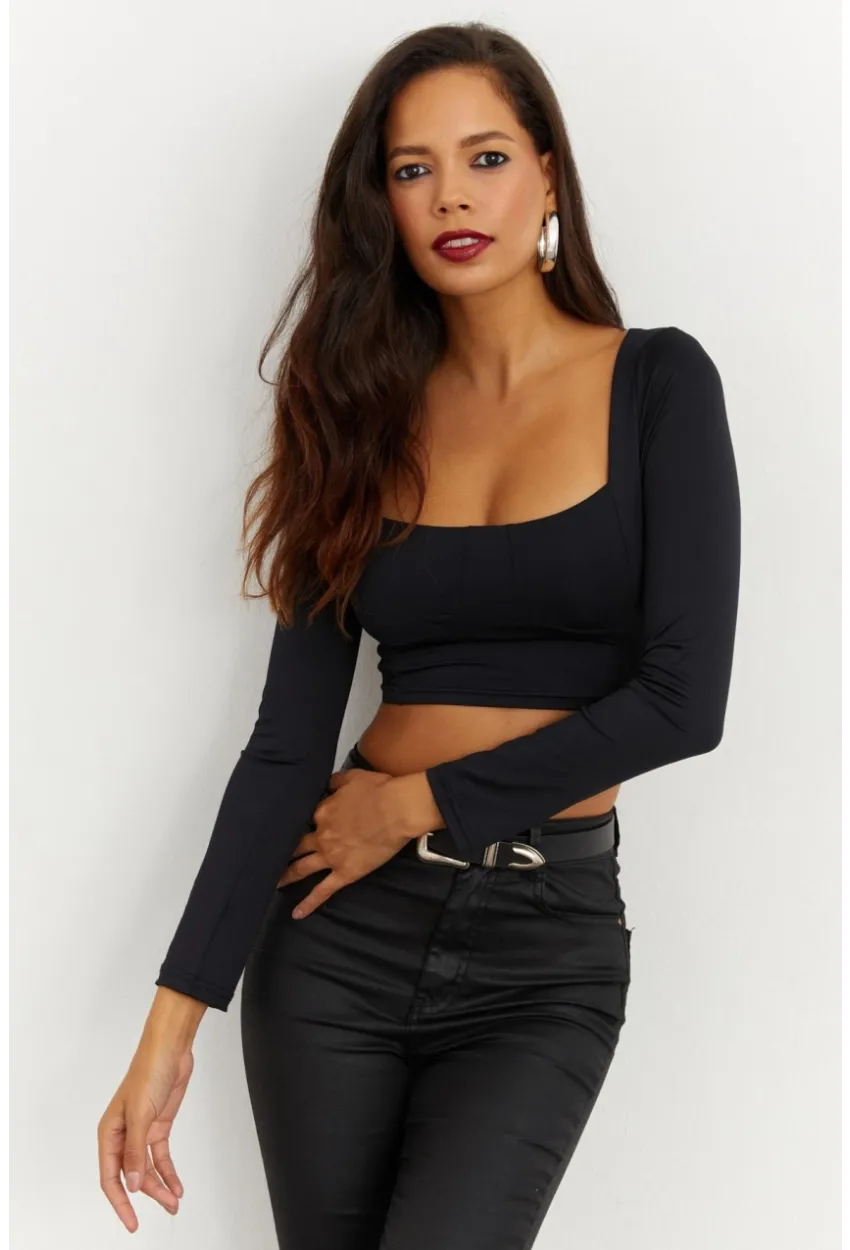 Kadın Siyah Kare Yaka Crop Bluz CG263