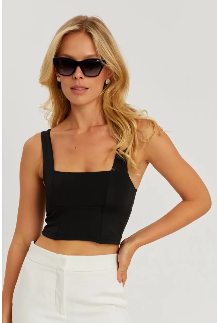 Kadın Siyah Kare Yaka Crop Bluz CG348