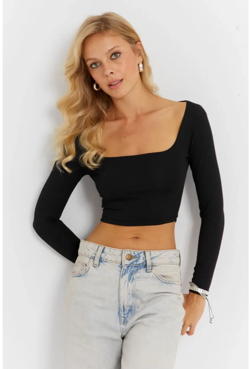 Kadın Siyah Kare Yaka Crop Bluz CG362