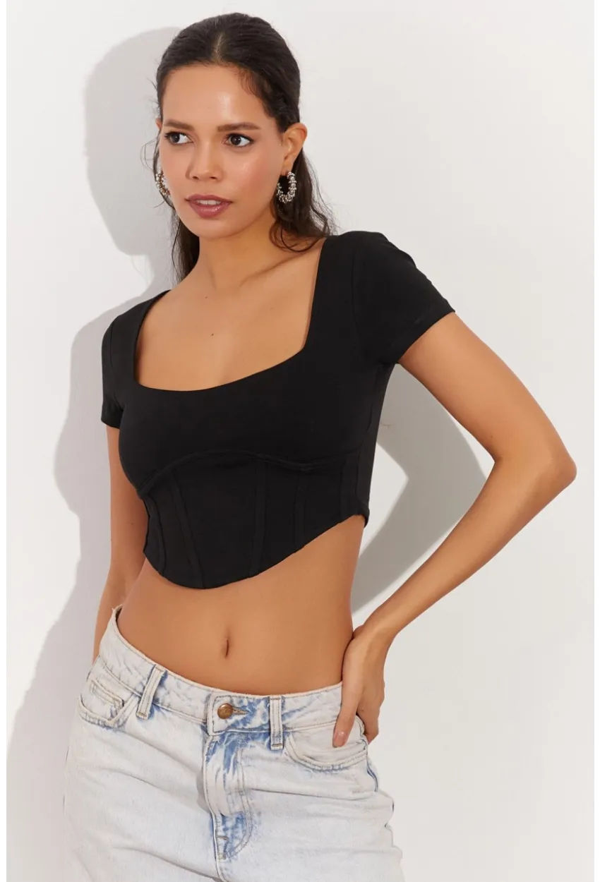 Kadın Siyah Kare Yaka Crop Bluz RX420