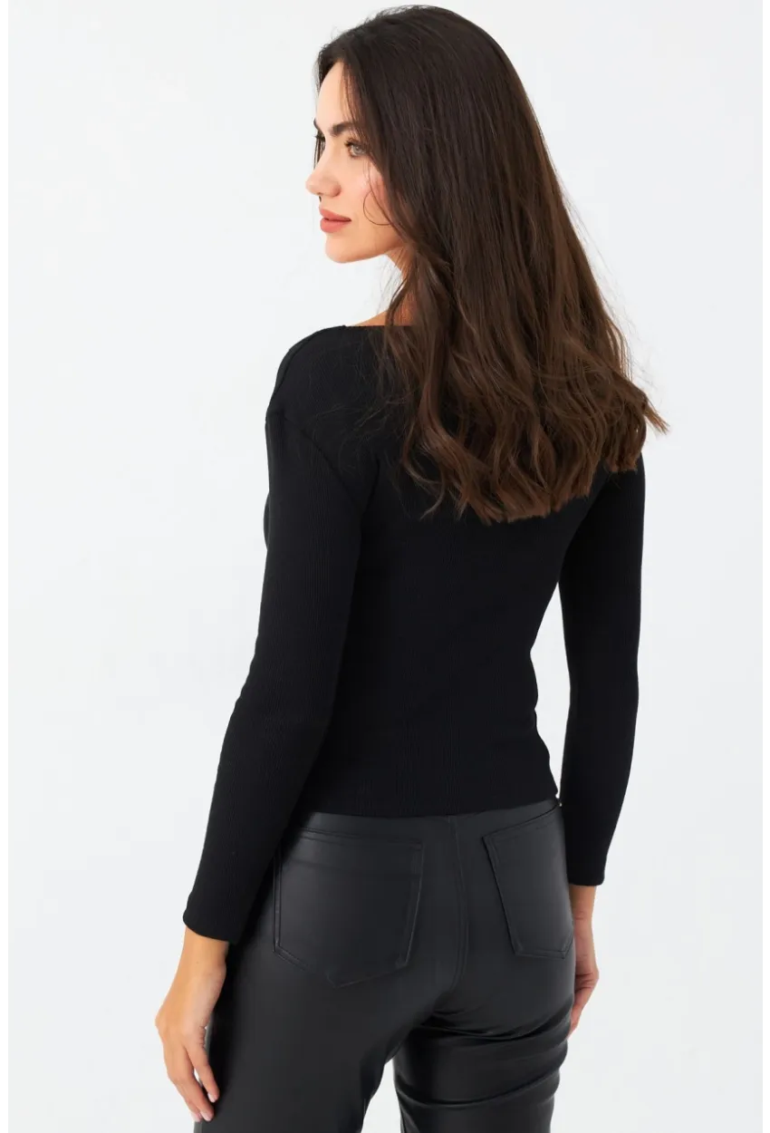 Kadın Siyah Kare Yaka Dantelli Bluz TF36