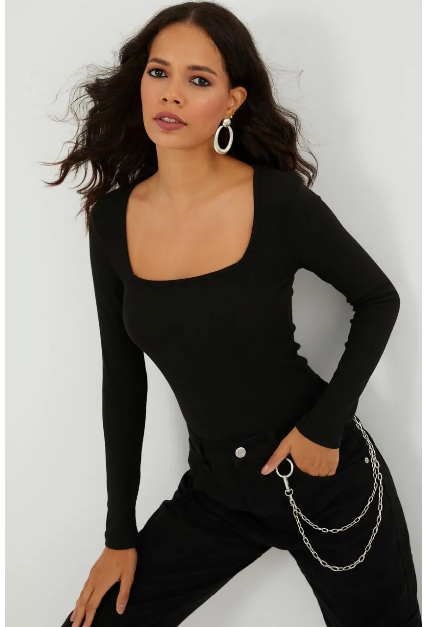 Kadın Siyah Kare Yaka Kaşkorse Bluz Yİ2396