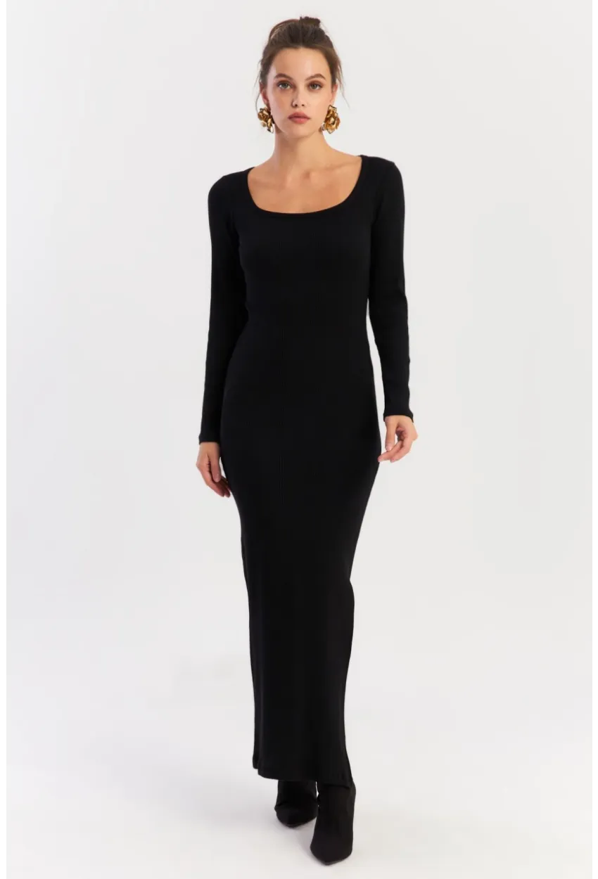 Kadın Siyah Kare Yaka Maxi Elbise XL2211