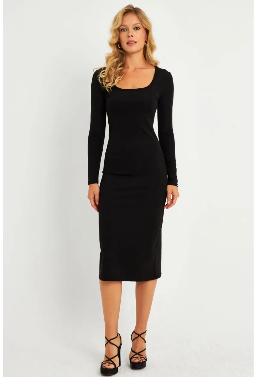 Kadın Siyah Kare Yaka Midi Elbise CG382