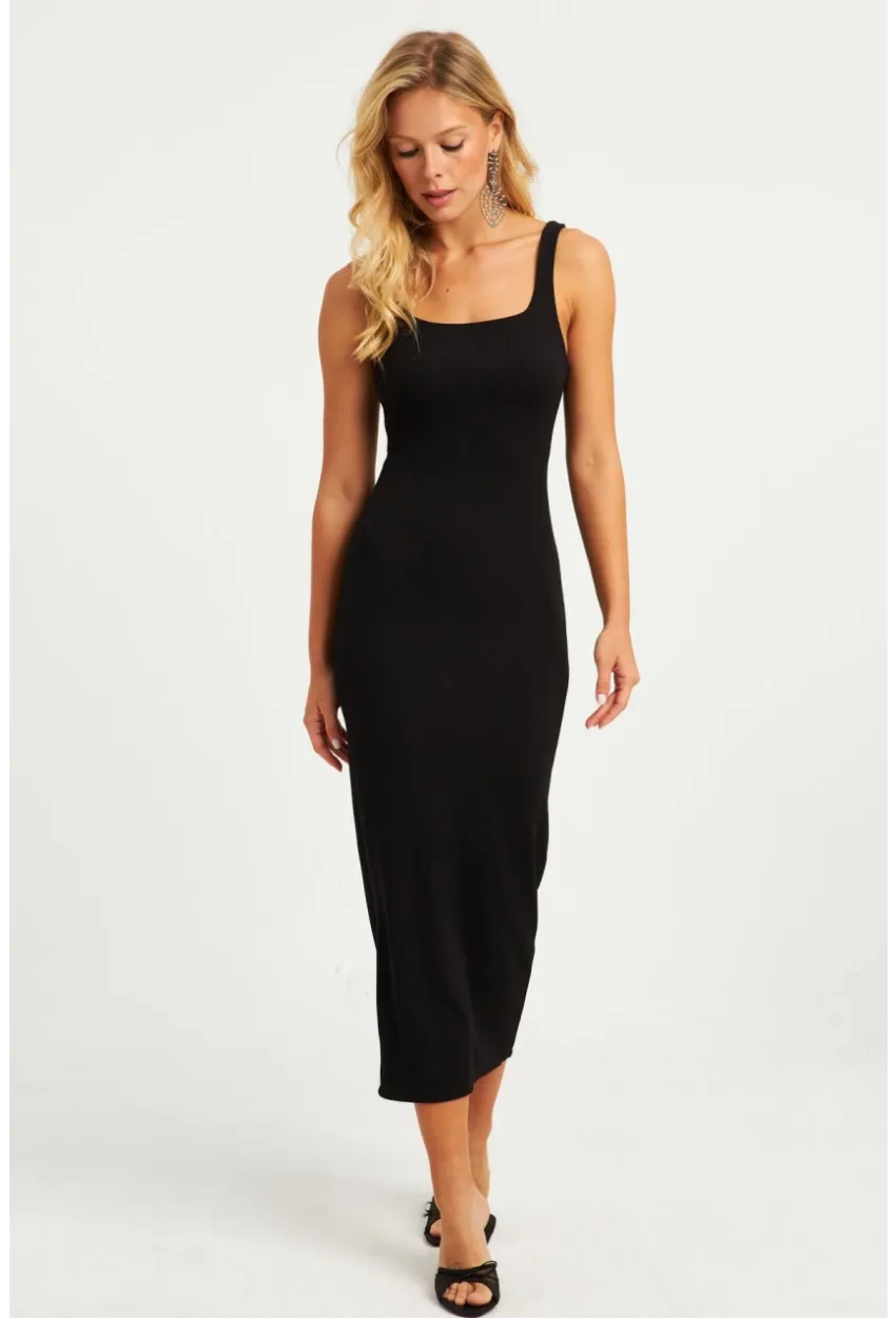 Kadın Siyah Kare Yaka Midi Elbise DMR295