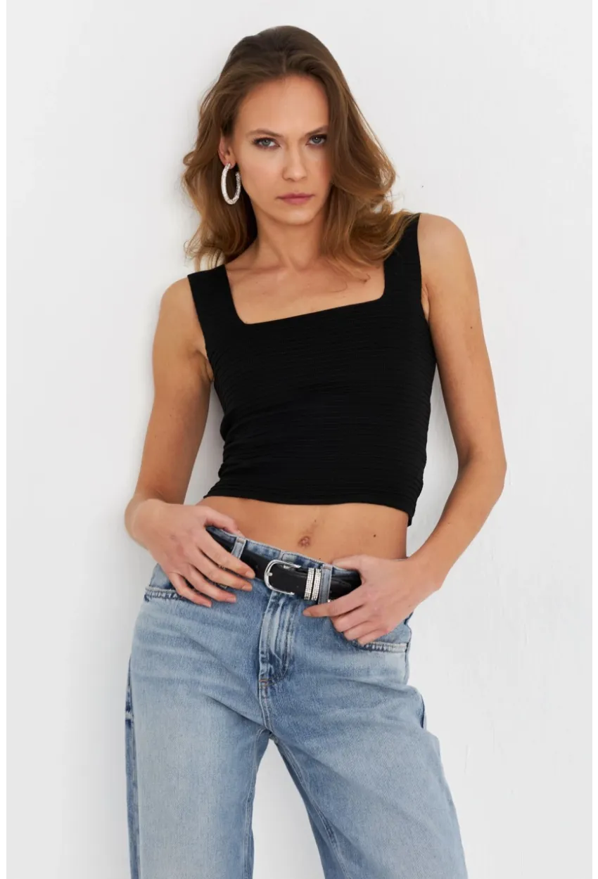 Kadın Siyah Kare Yaka Triko Bluz SE8