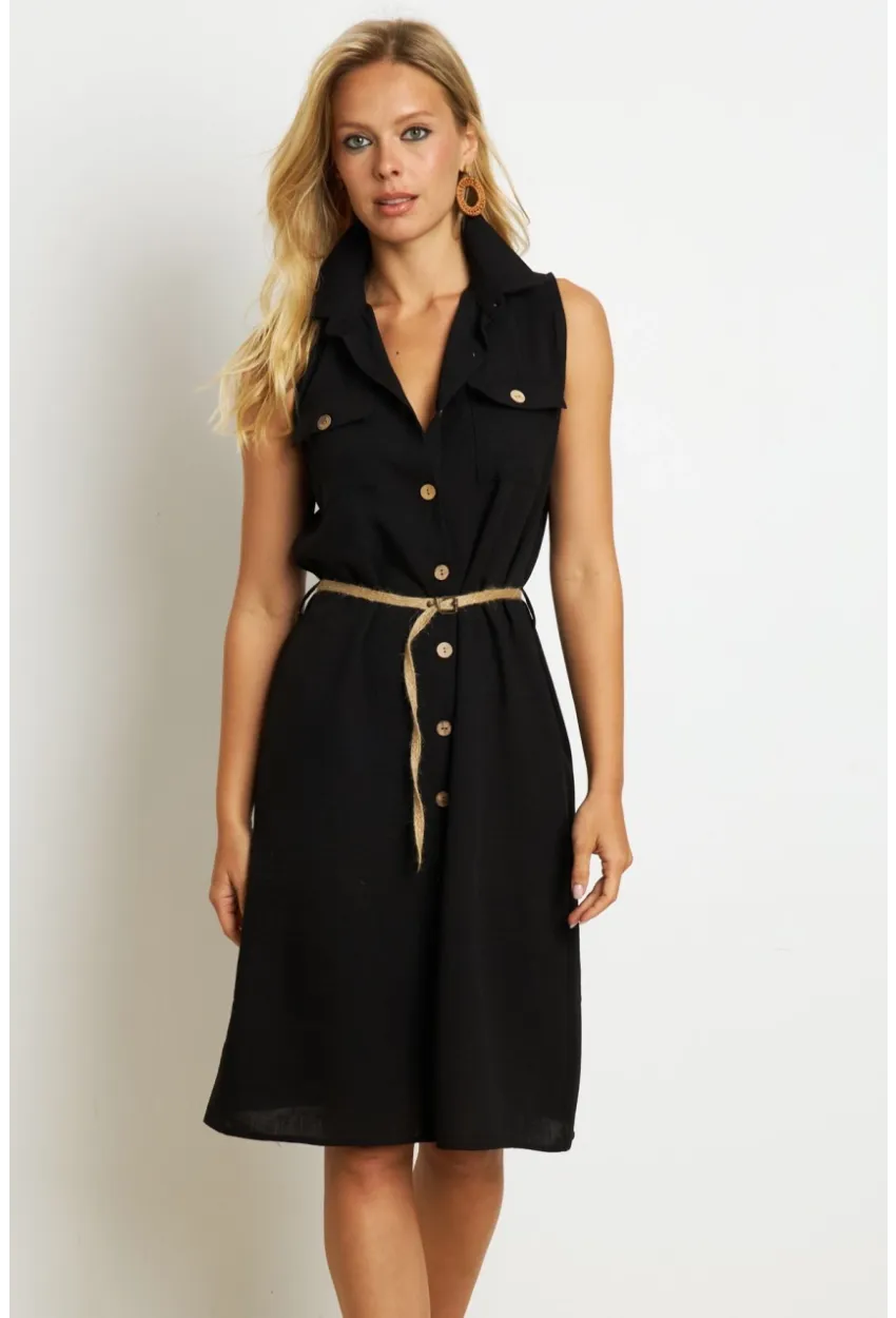 Kadın Siyah Kemerli Gömlek Midi Elbise SGT404