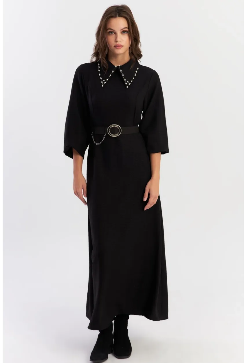Kadın Siyah Kemerli İncili Maxi Elbise ALZ341