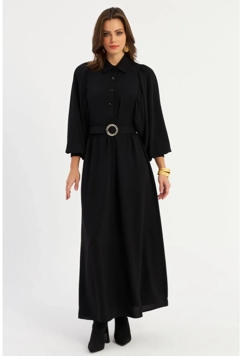 Kadın Siyah Kemerli Maxi Elbise MASF15