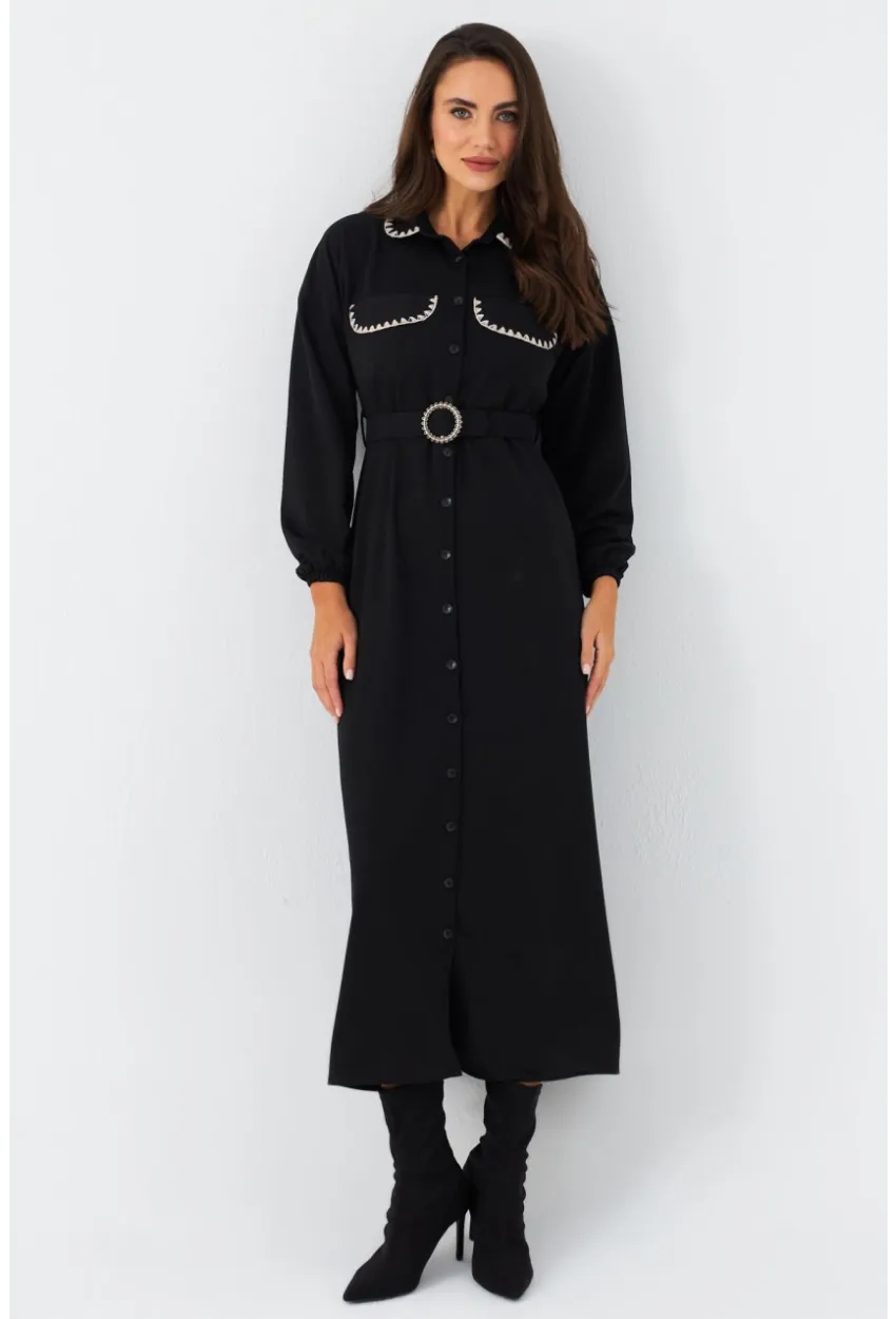 Kadın Siyah Kemerli Maxi Gömlek Elbise MASF17